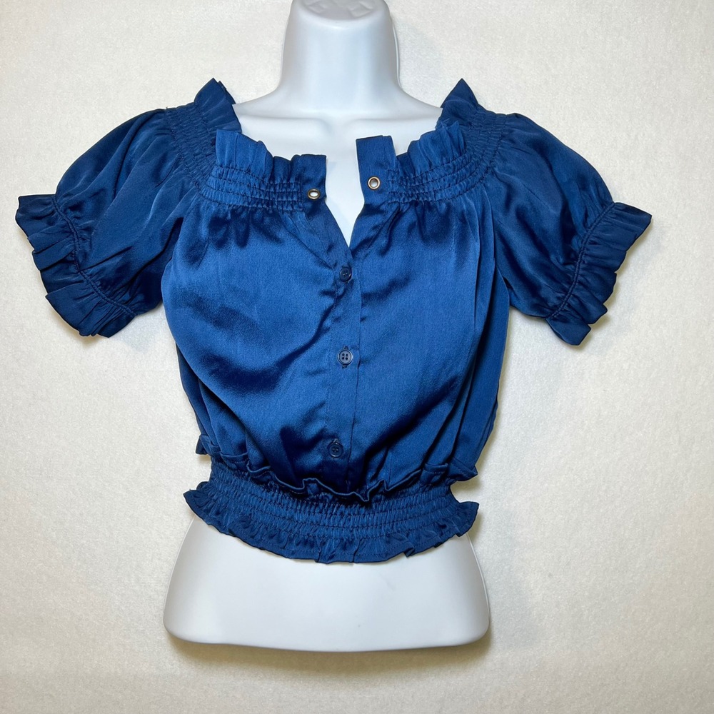 Romeo + Juliet Couture Whimsigoth Peasant Gothic‎ Estate Blue Smocked Crop Top S